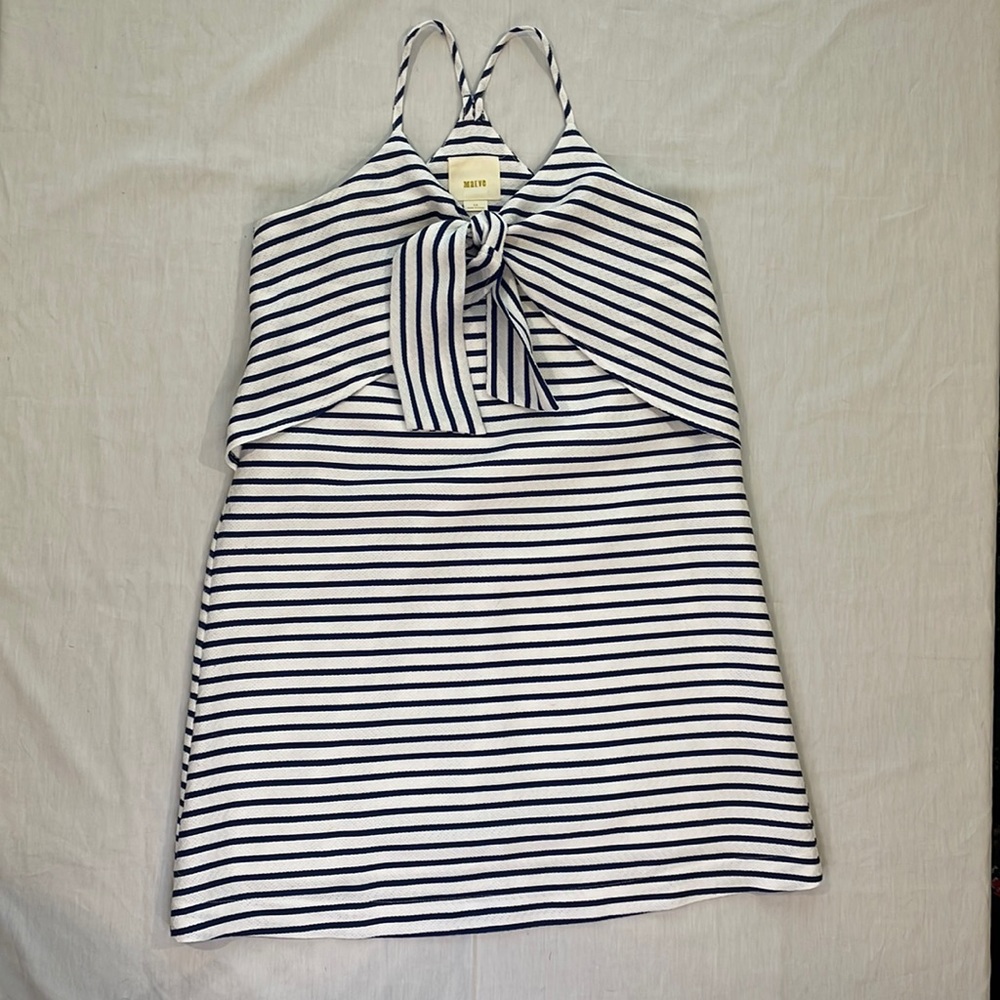 Anthropologie Maeve Ahoy Nautical Navy White Striped Mini Dress Bow Tie X-Small